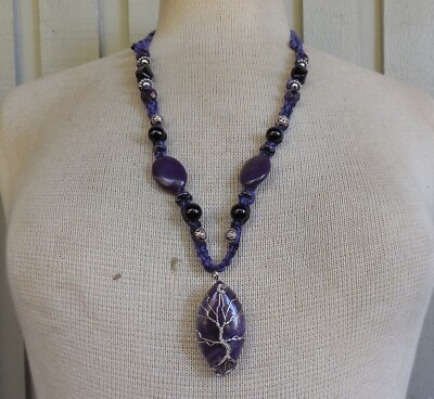 Amethyst Silver Tree of Life Adjustable Hemp Necklace w Jade Onyx Gemstone Beads