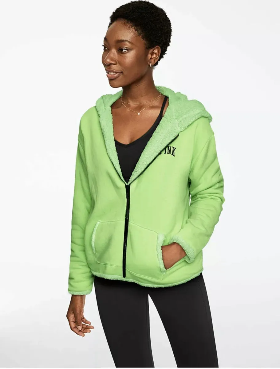 Victoria's Secret PINK Reversible Sherpa Hoodie Jacket Full Zip Green NWT XS