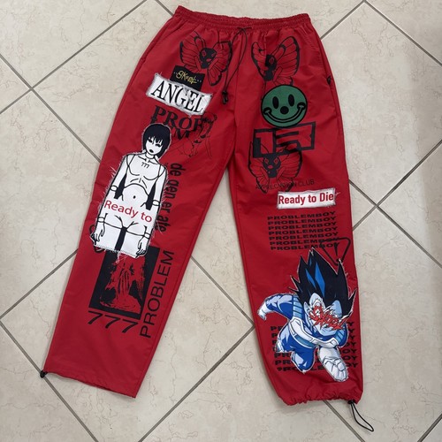 Skoot Apparel PROBLEMBOY - Vegeta Goth Anime Mesh Lined Track Pant - RED  Size L