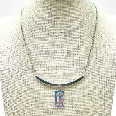 BIAGI Initial C Charm Necklace Silver Tone Curved Bar Gift Classic