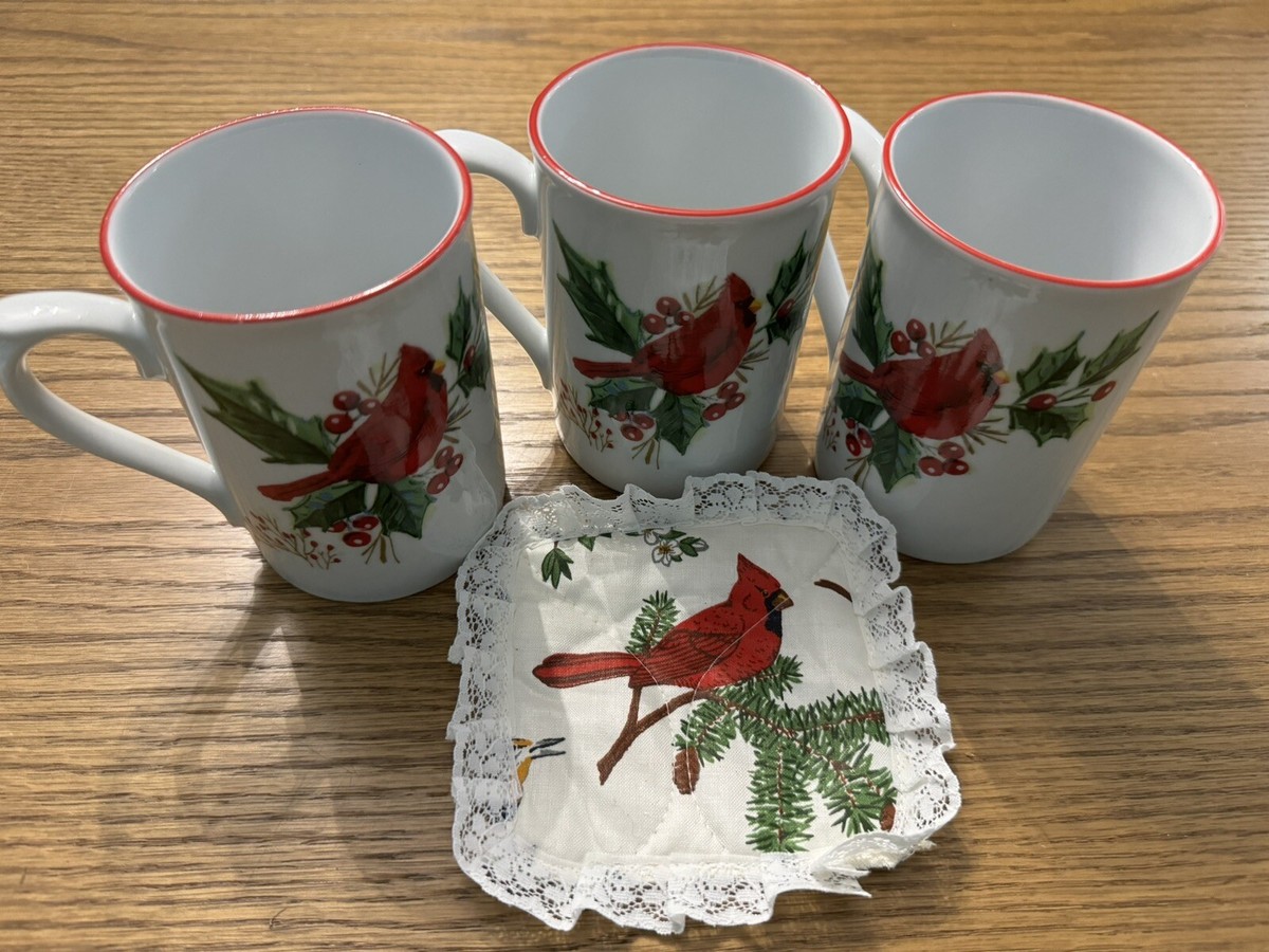 Vintage Gibson Everyday Coffee/Tea Mugs Coaster Holiday Cardinal Holly❤️🎄