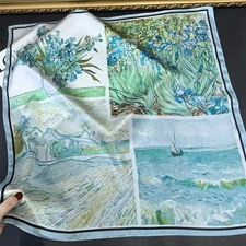 100% Silk 27" Square Scarf Women Kerchief Neckerchief Wrap Splicing Art Green-