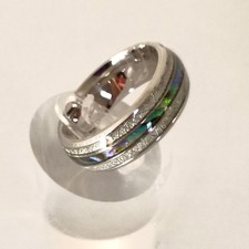 Stainless Steel Wedding Band Silver Carbon Fiber Inlay Iridescent Ring