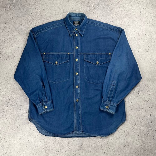 Versace Jeans Couture, Versace Jeans Couture Denim Shirt Gold Button Up Vintage Long Sleeve Blue Size M