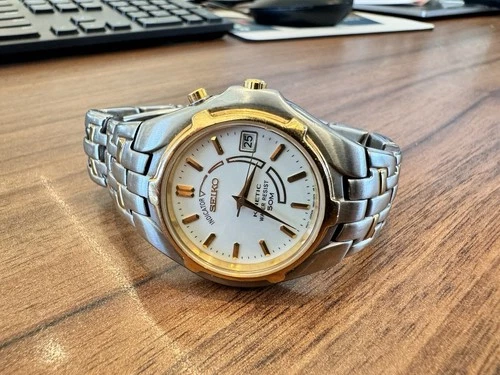 Seiko Kinetic Watch Men 37mm White Dial Two Tone Date 5m62-0a89 Vintage