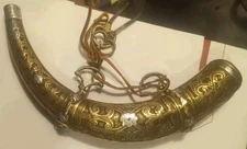 Rare Moroccan powder HornEarly 19thC Antique Richly Worked Brass &Silver detail 