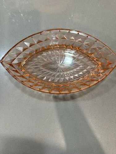 Pink Depression Glass Boat Shaped Bowl In Windsor Diamond Pattern