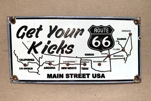 VINTAGE GET YOUR KICKS ROUTE 66 GASOLINE MOTOR OIL PORCELAIN GASOLINE SIGN