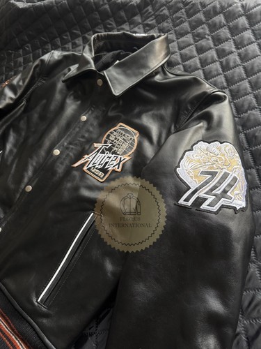 Herren Avirex Schwarz Bomber Twin Dragon Limited Edition Echt Rindsleder Lederjacke - Bild 5 von 6