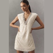NEW BHLDN Size L Sleeveless Embellished Plunge Sequin Mini Dress - Ivory