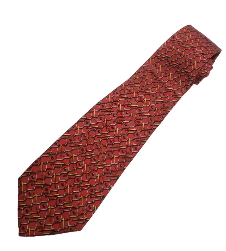 Corbata de cuello Coach 100 % seda tema béisbol rojo cadena eslabón diseño cerca Foto 2 de 3