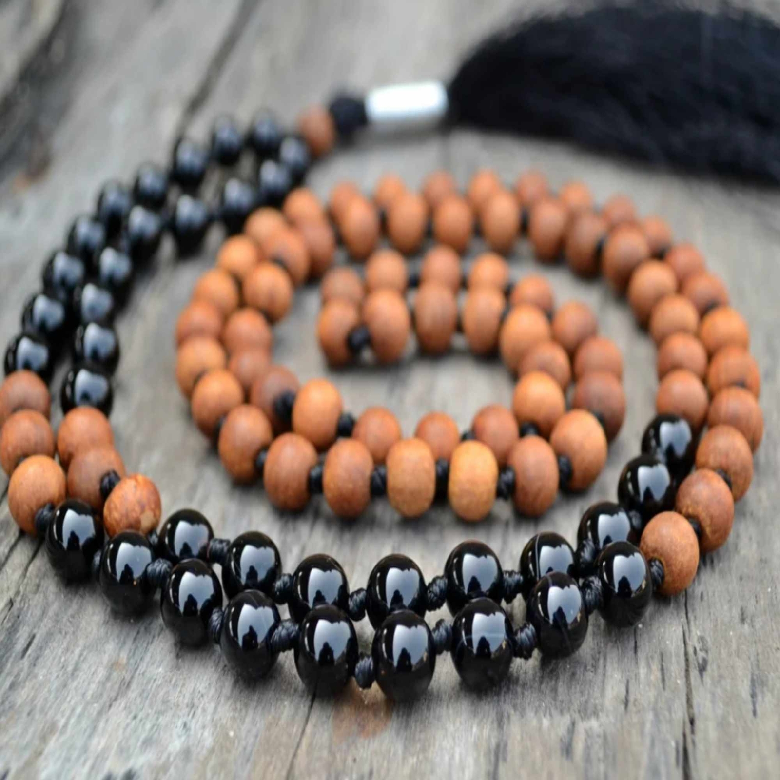 8mm Natural Black Onyx brown Sandalwood 108 knot necklace Religious Beads Choker