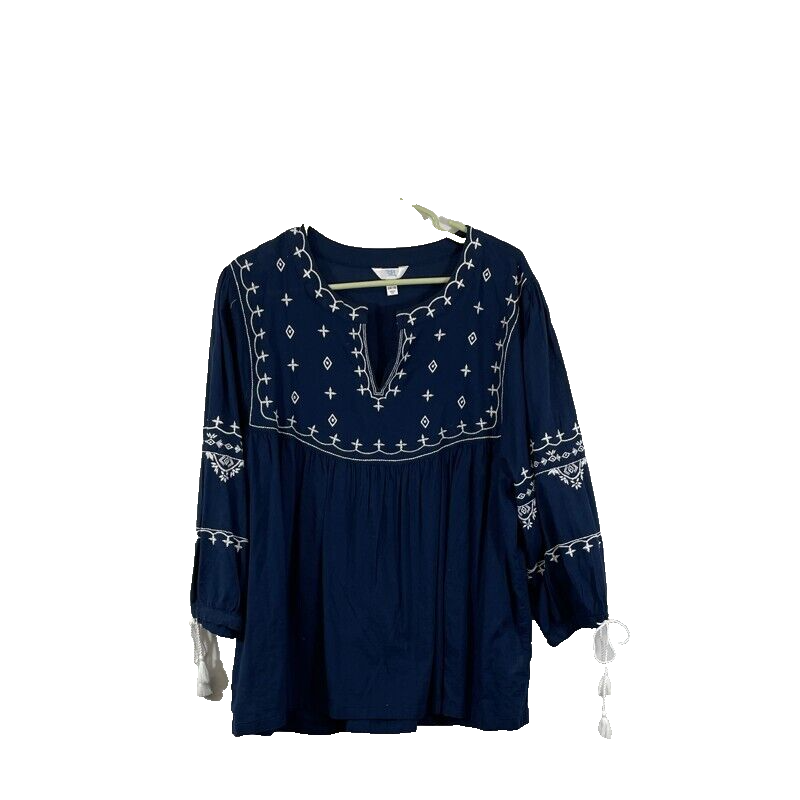 Time and Tru Women's Blue Cotton 3/4 Sleeve Split Neck Blouse Top Size XL 16-18