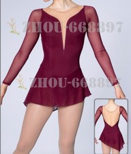 Competition Figure Skating Dress Girls Ice Skating Dresses burgundy deep v