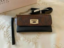 WHBM WOMENS CHECKBOOK WALLET WHISKY BROWN AND BLACK WRISTLET OR CROSSBODY  NWT