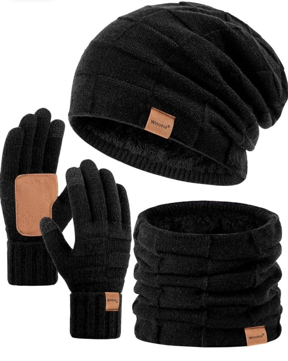 Fleece Lined Knitted Beanie Hat Scarf Gloves Set Touchscreen Mittens Winter Knit Beanie Hat Scarf and Touch Screen Gloves Set 3  main image 3