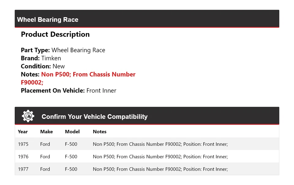 Para 1975-1977 Ford F-500 rolamento de roda corrida dianteiro interno Timken 1976 - Imagem 2 de 4