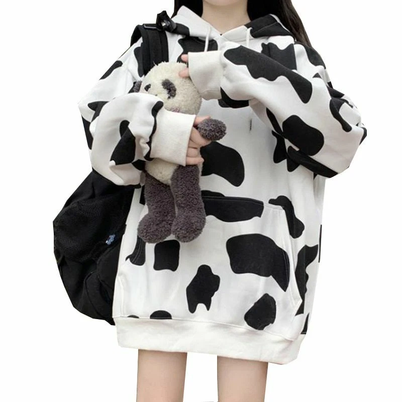 Hoodie Tops Oversized Lady Sweatshirt Cow Print Women Autumn Winter Thick  Female