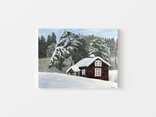 Original Red Cabin Painting - Snowy Winter Landscape Artwork - Unique Gift