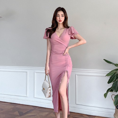 vestito corto abito elegante rosa cipria spacco slim morbido moda tubino  4938 | eBay