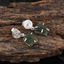 Raw Authentic Czech Moldavite Earring 925 Sterling Silver Gemstone Jewelry