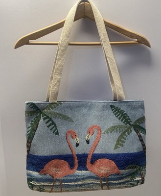 Beautiful VTG Tapestry Tote Bag Pink Flamingos Palm Trees 16  X 12  Made in USA