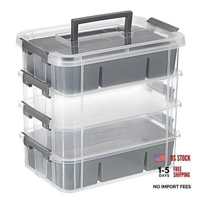 JUXYES 4-Tier Stack Carry Storage Box with 2 Divided Trays - Dark Gray