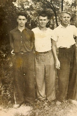 Three Smiling Men Outdoors Gay Interest B&W Photo Snapshot 1950s