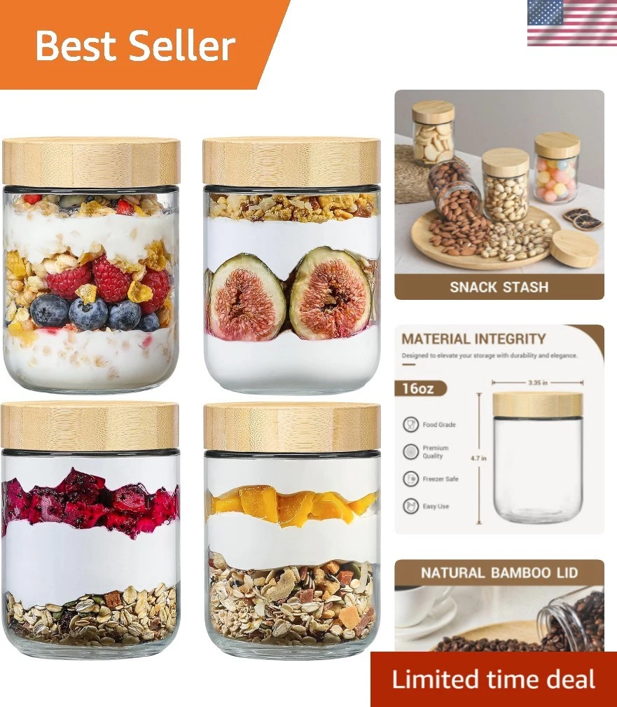 4-pack 16oz Glass jars with Airtight Lids, Overnight Oats Containers with Bam...