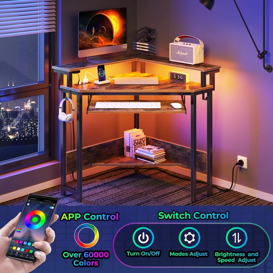 Escritorio Esquinero, 44.5" W x 34.5" H Pequeño Escritorio para Computadora con Tomas de Corriente, Juegos... Foto 2 de 4