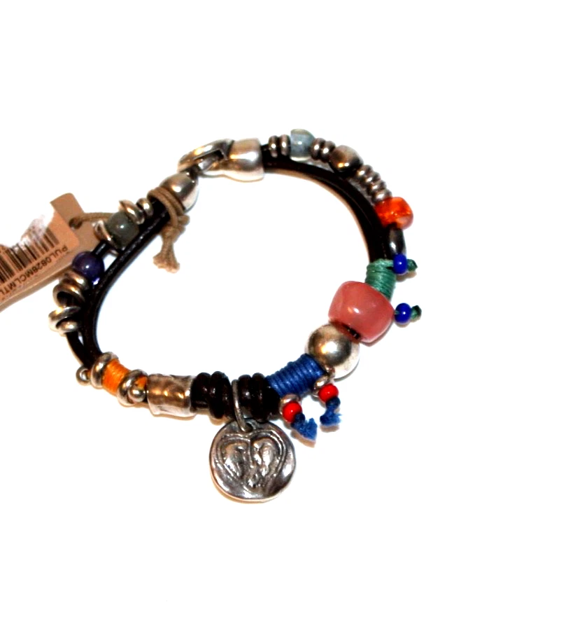 Pulsera Uno de 50 cuero y plata de ley dijes piedras varias filas unisex Foto 2 de 4