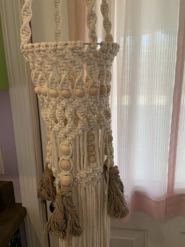Vtg Hanging Macrame Planter W/Beads Ivory 5 Feet 8” & 5” Ring System For Pots