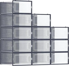 12pcs XL stackable Black Shoe Storage Boxes Clear hard plastic shoe organizer