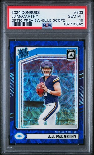 2024 Panini Donruss - Rated Rookie J.J. McCarthy #303 Optic Preview Blue PSA 10