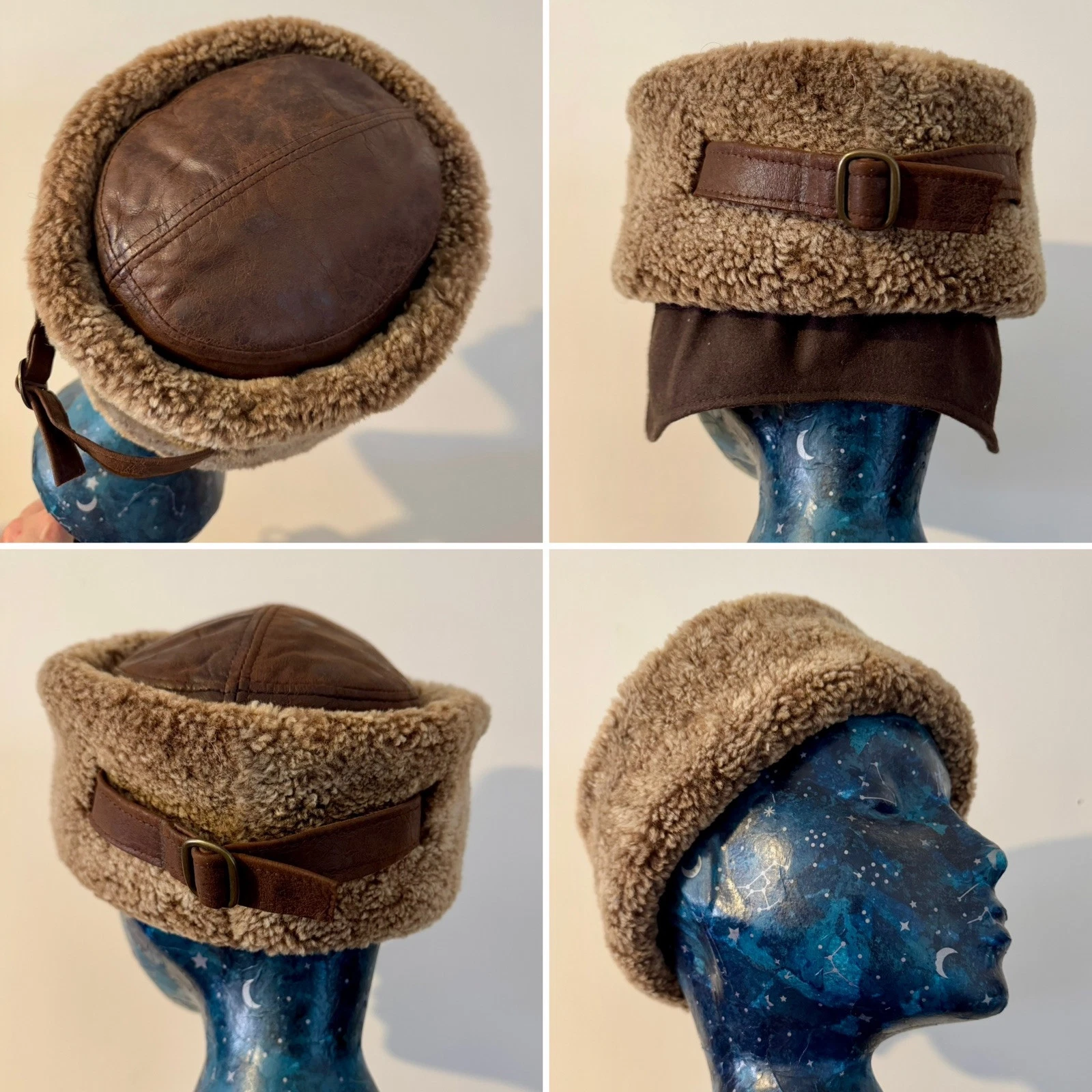 HPI of Sweden Real Leather Borg Shearling Fur Sheepskin Cossack Hat Brown Beige