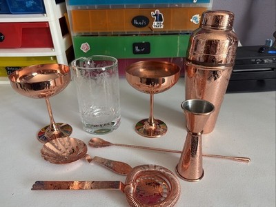 Set Of 2 Absolut Elyx Copper Martini Gin Wheat Motif Coupe Goblets, Shaker, +++