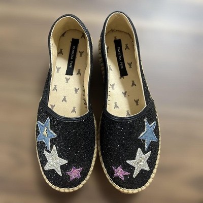 PATRIZIA PEPE Black Glitter Slip-On Shoes Size 37 with Star Embroidery