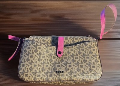 DKNY Donna Karan Monogram Pochette Wristlet Bag Pink Leather Trim Y2K Style