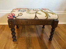 Antique Edwardian Bobbin Turned Wood  Upholstered Footstool w Floral Design