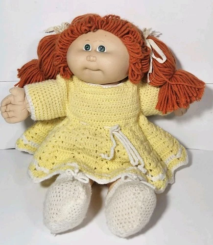 1985 Cabbage Patch Girl Doll Long Red Hair Green Eyes Handmade Knit Yellow Dress
