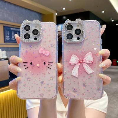 iPhone 13-17 ProMax Phone Case Trendy Glitter Pink Bow IMD Bling Cat Frame Cover