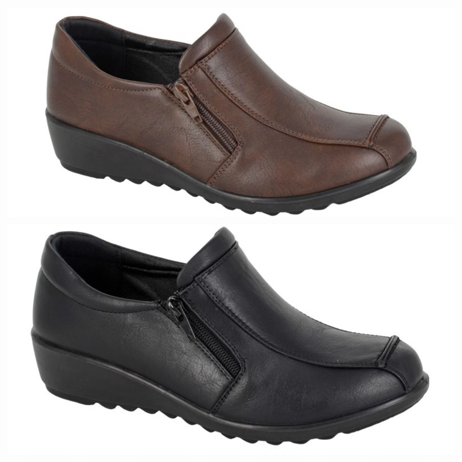 Boulevard Ladies Wide Fit Shoes Twin Zip Wedge Heel Comfort Casual Shoe Size 3-8