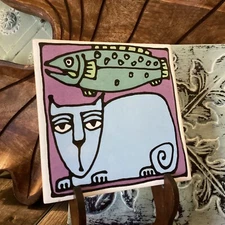 Cat  & fish coaster tile Italian style Drawing Square 4 1/4” Whimsical Abstract