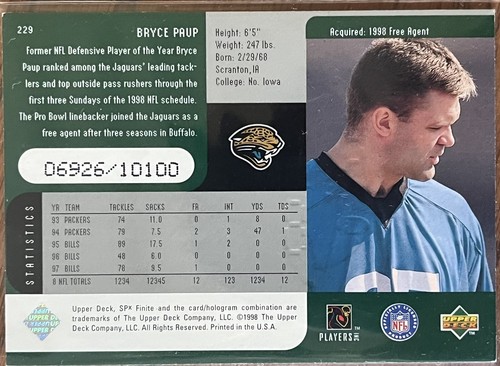 1998 Upper Deck SPx Finite Silver Insert #’d 06926/10100 Bryce Paup #229 - Picture 2 of 2