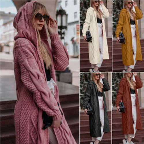 Womens Long Knitted Cardigan Open Front Chunky Hooded Sweater Coat Winter UK - Picture 1 of 23