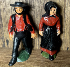 Antique 4-3/4 Inch Amish Cast Iron Man  Wife Figures Painted Red Vintage