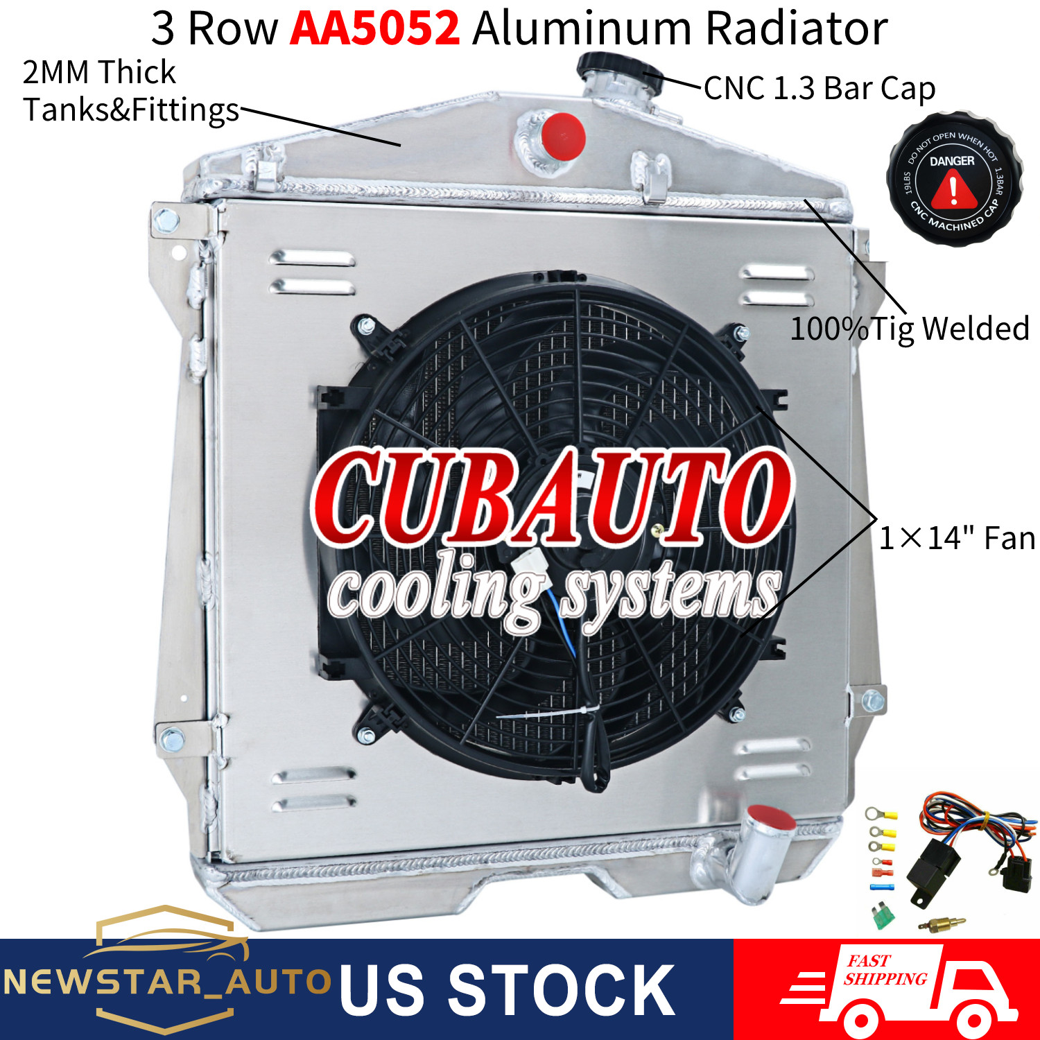 3 Row Radiator Shroud Fan Fit 1943-1948 Chevy Car Sedan Coupe 3.5L 3.8L 6Cyl.