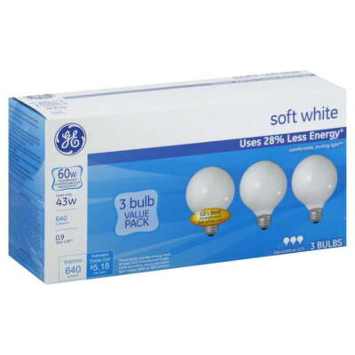 #ad GE General Electric 60 Watt Decorative Globe Bulb G25 Medium Base 3 PACK 640 Lum $15.99