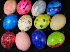 12 Vintage Easter Real Egg Ornaments Hand Made Painted Lot C1972