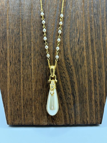 Nolan Miller Vienna Pendant w Simulated Pearl Chain Gold Tone Crystals New 22" - Picture 8 of 11